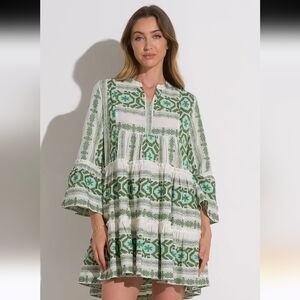 Elan Green and White Boho Long Sleeve Dress